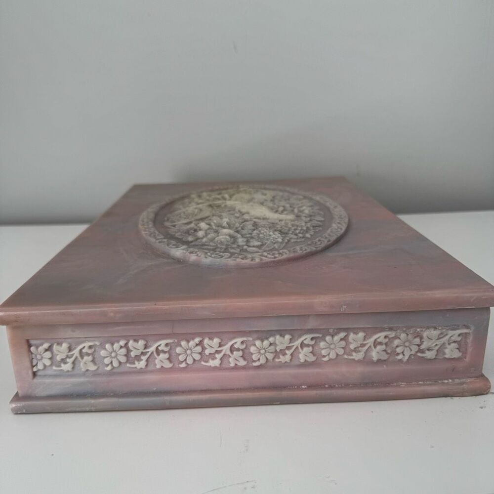 Vtg Hand Carved Stone Decorative Jewelry Box Ornate Peacock Floral Motif Large - Picture 8 of 12
